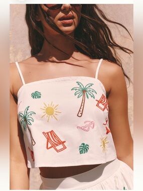 NWT Anthropologie Flat White Tropical Embroidered Tank